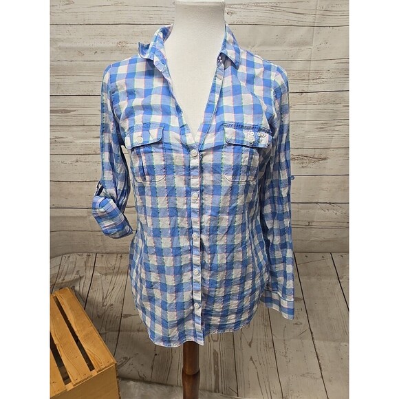 Columbia PFG Womens Small Blue‎ Plaid Long Sleeve Shirt Fishing Roll Tab Button - Picture 1 of 10